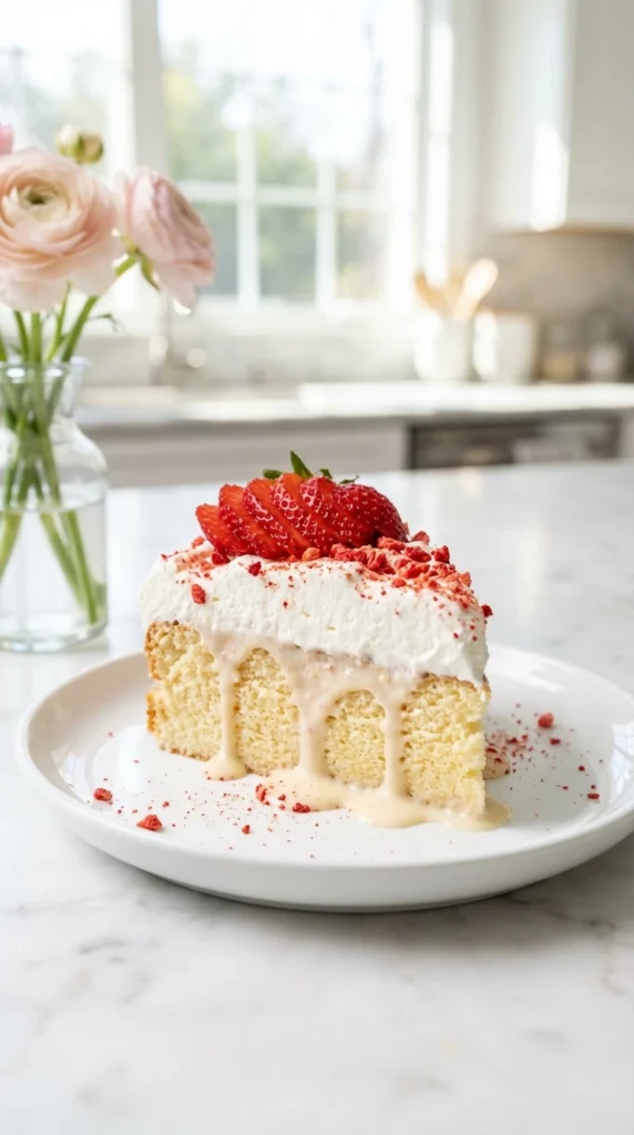 Slice of Strawberry Tres Leches Cake recipe on a white plate, topped with fresh whipped cream and sliced red strawberries.