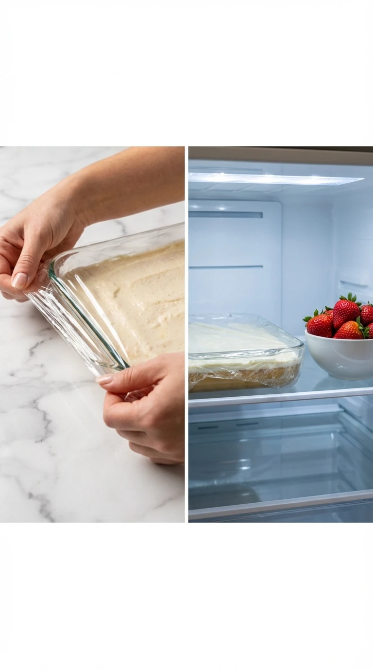 Wrapping a soaked cake and chilling it in the fridge with strawberries for a Strawberry Tres Leches Cake Recipe.