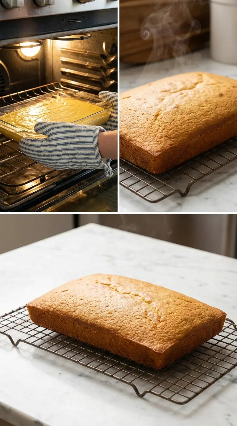 Strawberry Tres Leches Cake Recipe steps: putting batter in the oven and the baked sponge cake cooling on a wire rack.