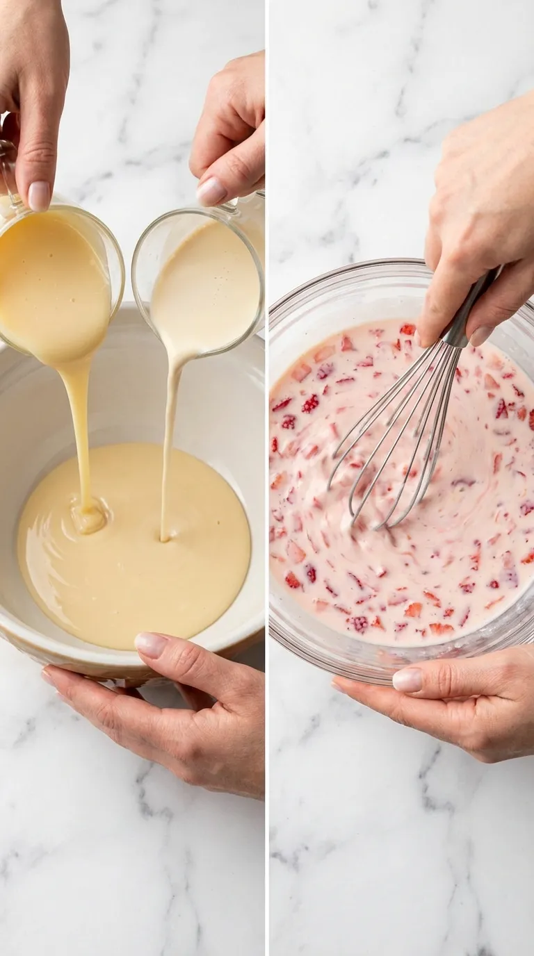 Strawberry Tres Leches Cake Recipe preparation: pouring sweet milks and whisking fresh strawberries into a creamy pink mix.