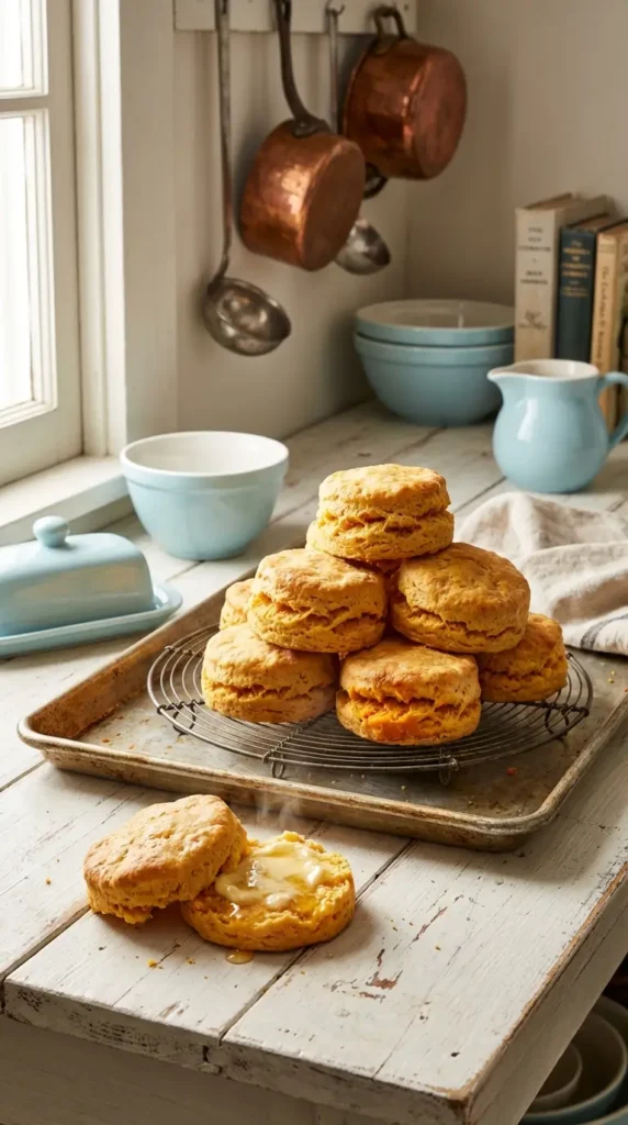 Golden sweet potato biscuits stacked on a vintage rack, one split with honey butter. Sweet Potato Biscuits Recipe.