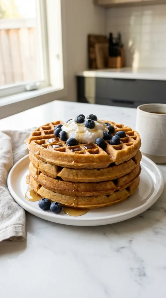 Golden crispy waffles topped with coconut cream, blueberries and syrup. A delicious waffle recipe without milk.