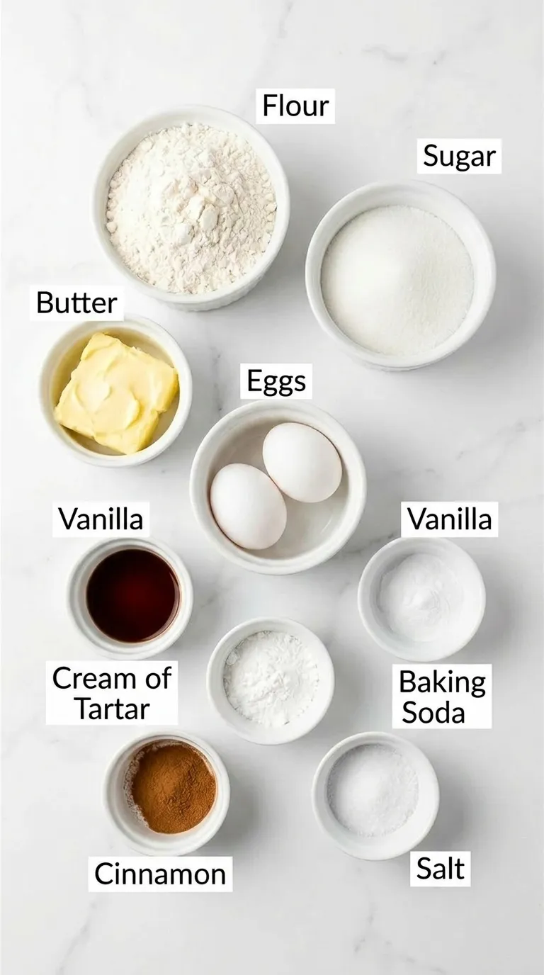 Flat-lay of labeled Snickerdoodle Cookie Recipe ingredients like flour, sugar, butter, and cinnamon in bowls on marble.