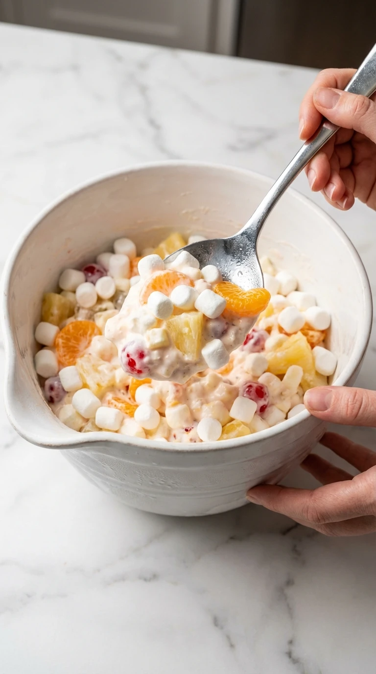 Close-up of hands scooping a creamy, fluffy Ambrosia Fruit Salad Recipe from a white bowl using a silver spoon.