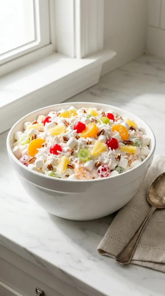Creamy Ambrosia Fruit Salad Recipe in a white bowl with marshmallows, coconut, cherries, and mandarin oranges.