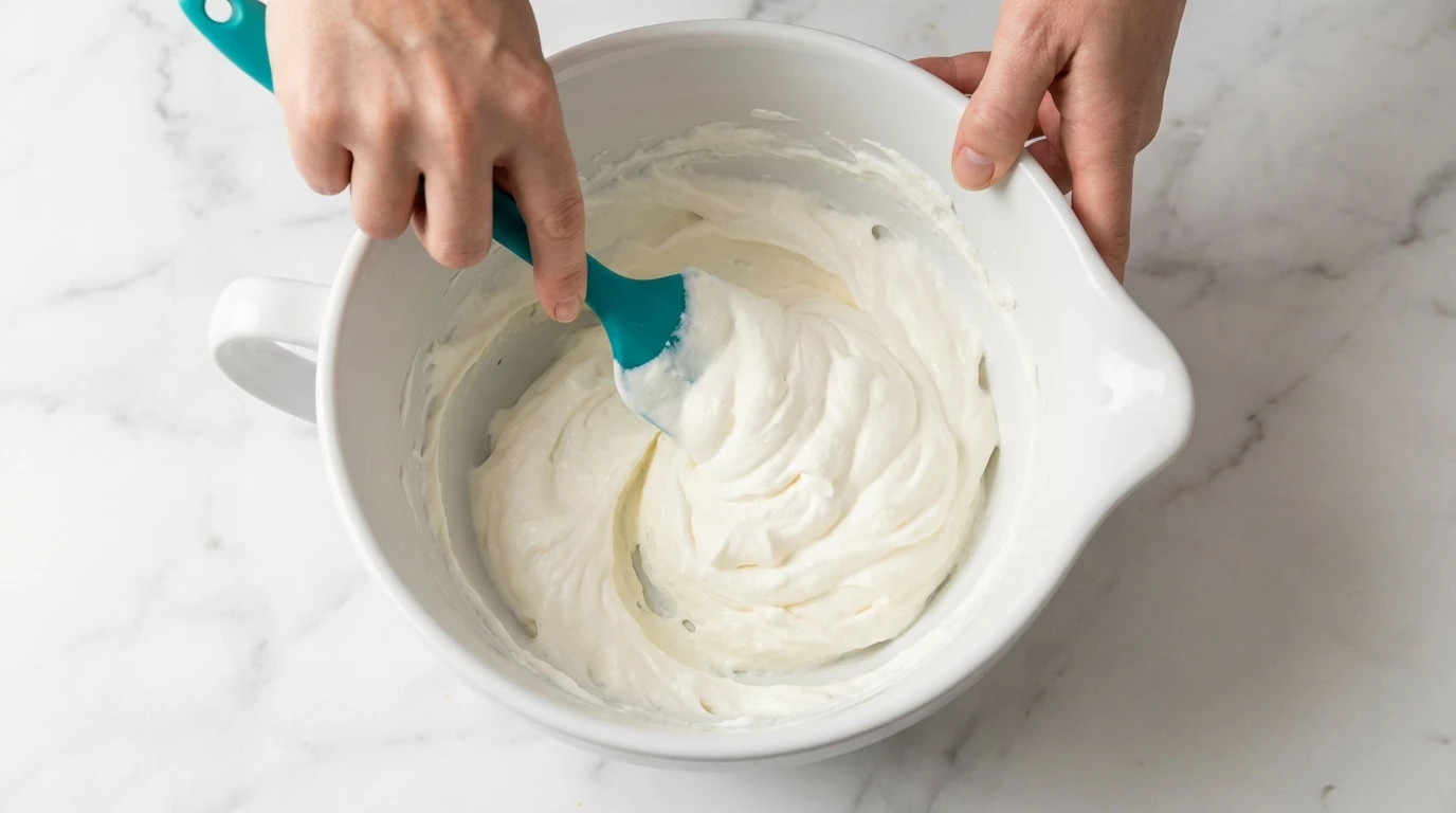 Hands folding whipped topping and sour cream with a teal spatula to make an Ambrosia Fruit Salad Recipe base.