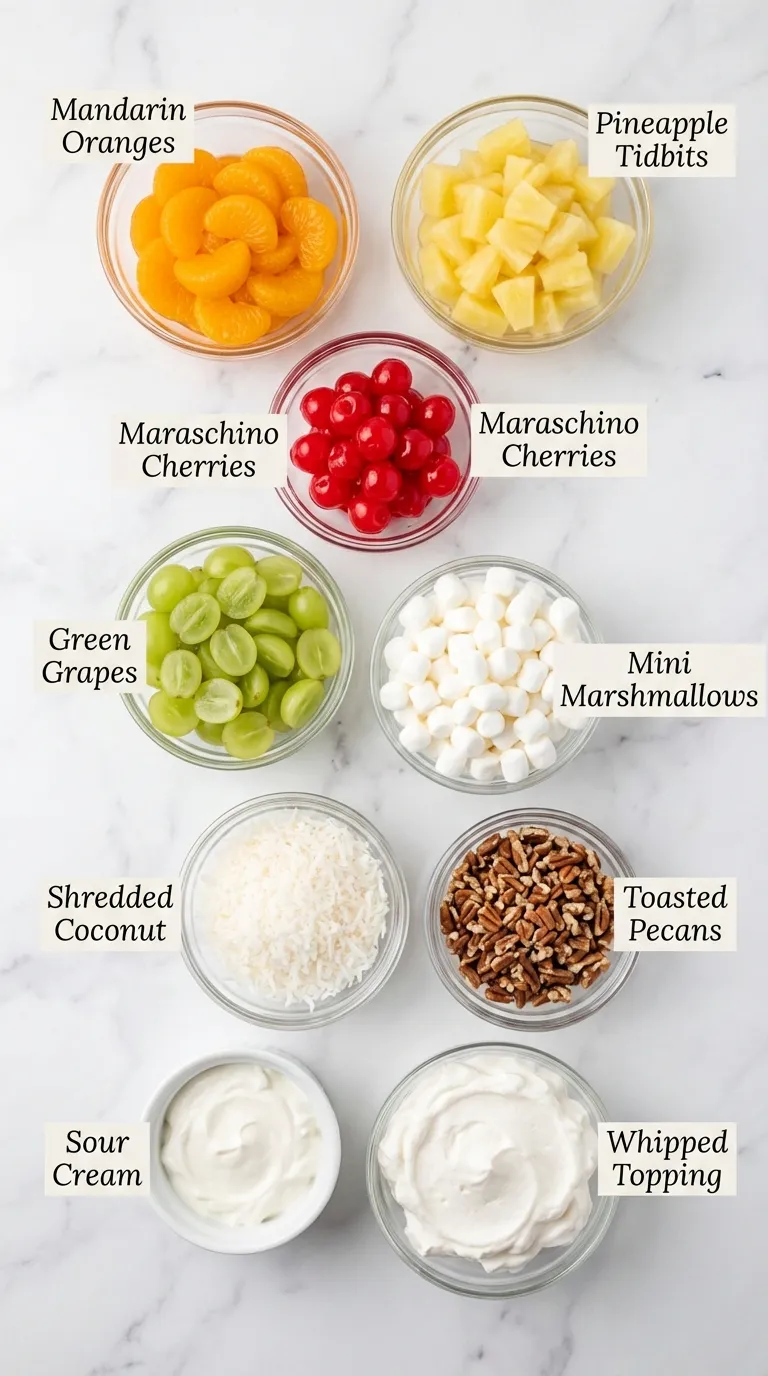 Top-down view of Ambrosia Fruit Salad Recipe ingredients neatly arranged in bowls on a white marble countertop.