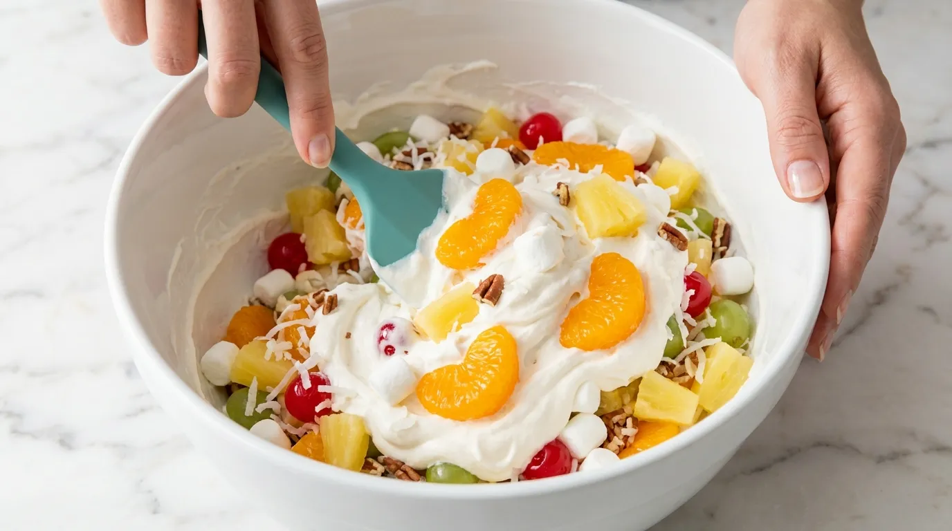 Hands mixing a colorful Ambrosia Fruit Salad Recipe with fruit, marshmallows, and fluffy cream in a white bowl.