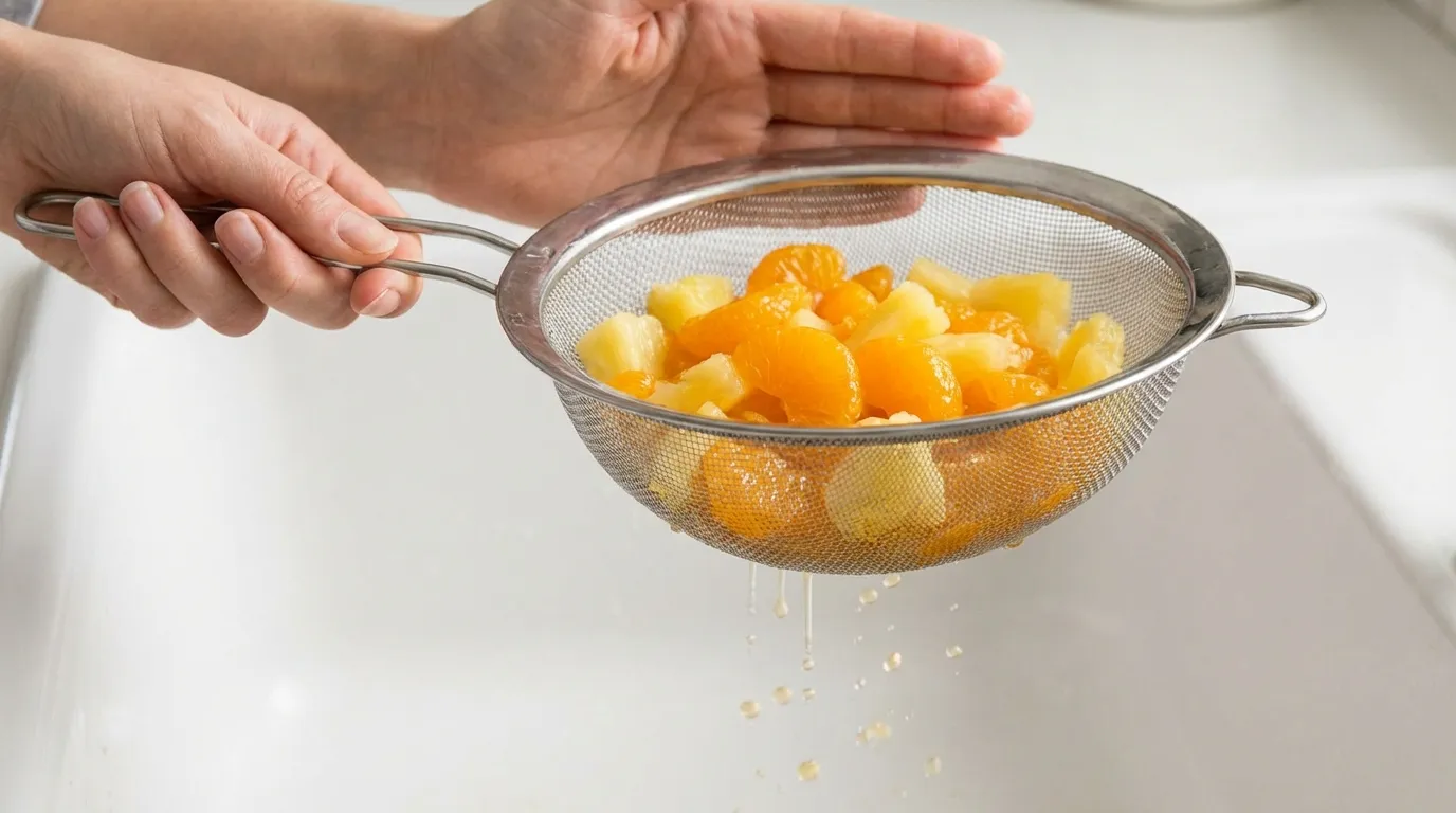 Hands straining mandarin oranges and pineapple in a fine mesh strainer for an Ambrosia Fruit Salad Recipe.