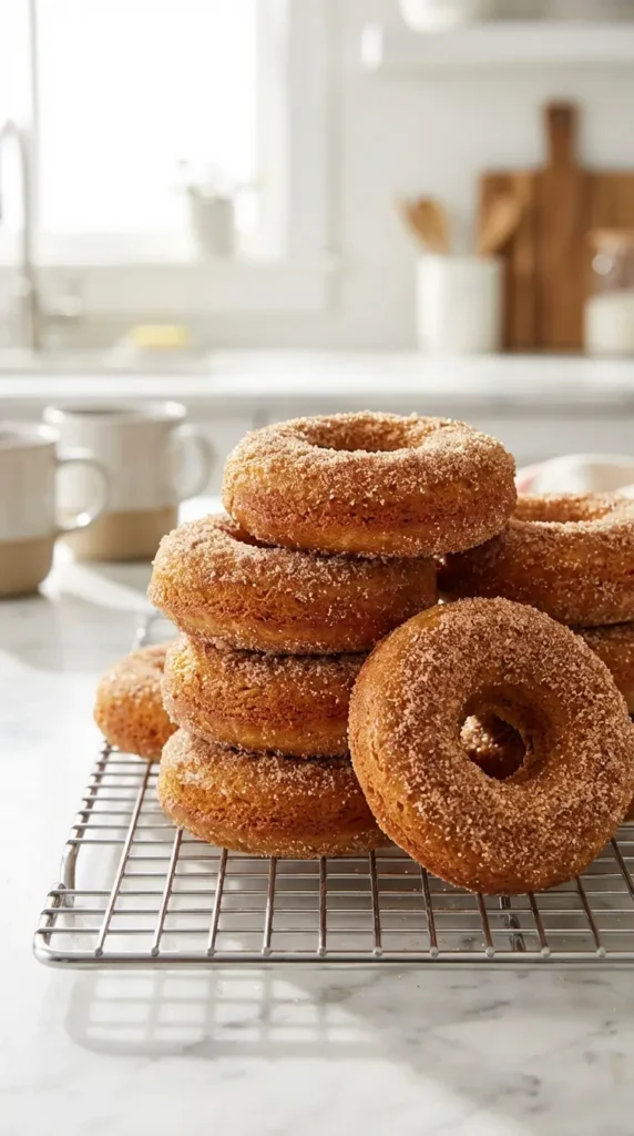 Stack of warm, cinnamon-sugar coated donuts on a cooling rack for a delicious Apple Cider Donuts Recipe.