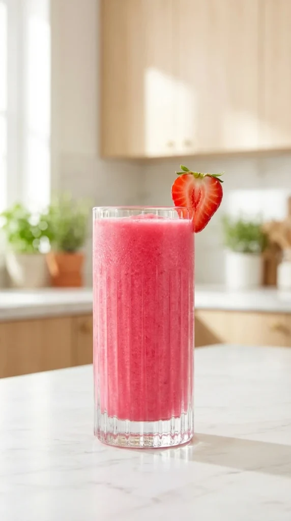 Frosty pink Bahama Mama Tropical Smoothie Recipe in a tall glass with a fresh strawberry garnish on a white marble counter.
