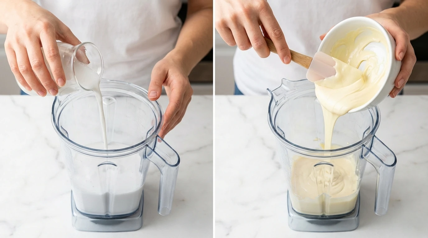 Hands pouring coconut milk and melted white chocolate into a blender for a Bahama Mama Tropical Smoothie Recipe.