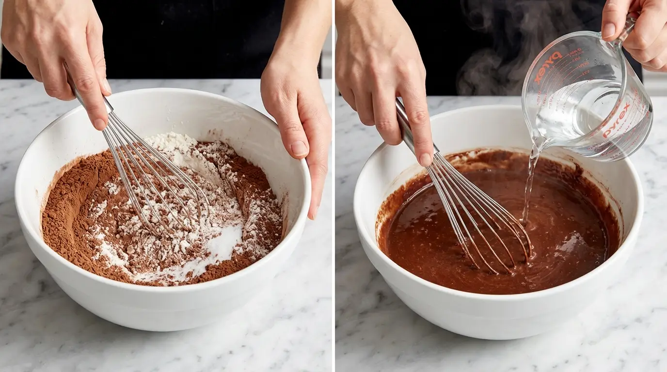 Step-by-step Black Forest Cake Recipe: Hands whisking cocoa powder and mixing hot water into chocolate batter in a bowl.