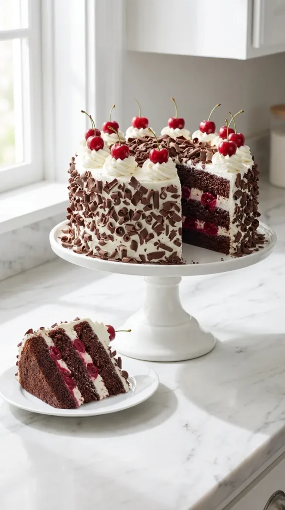 Sliced Black Forest Cake Recipe showing layers of chocolate, cherries, and whipped cream, topped with chocolate curls.
