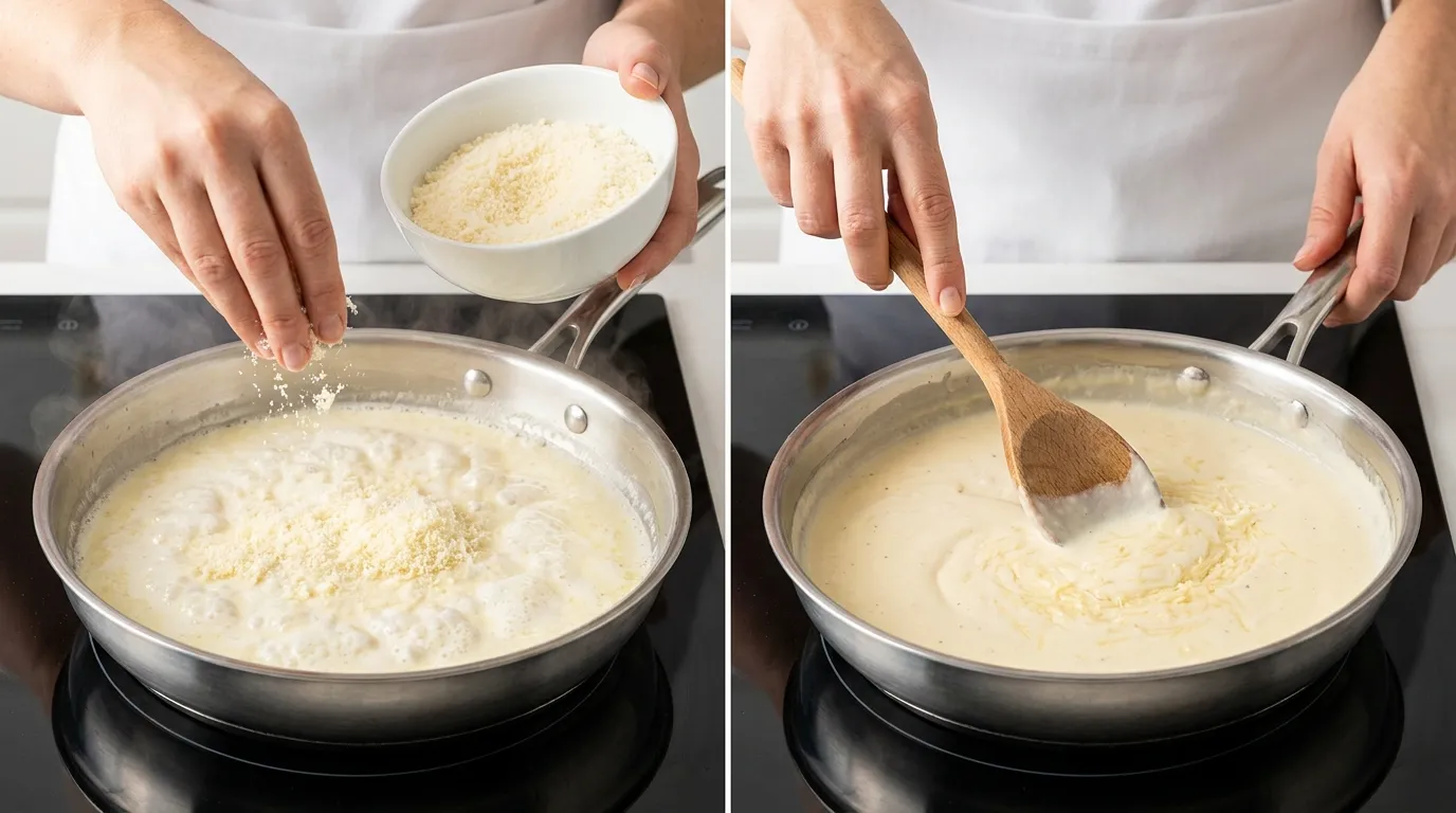 Stirring parmesan into creamy sauce in a skillet for a Cajun Chicken Fettuccine Alfredo Recipe.