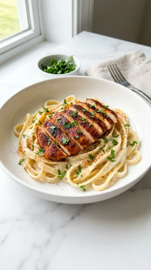 Creamy Cajun Chicken Fettuccine Alfredo Recipe in a white bowl, topped with blackened chicken and fresh parsley.