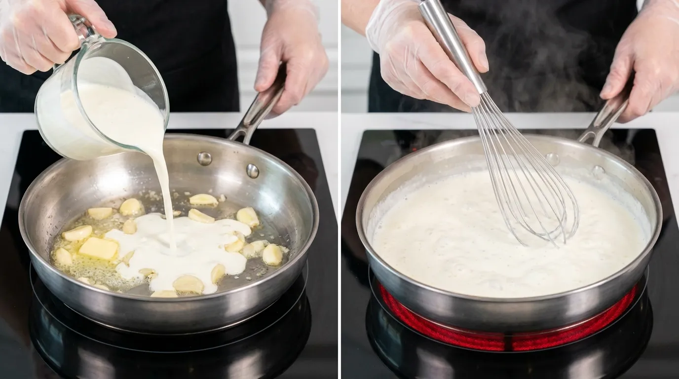 Preparing cream sauce for Cajun Chicken Fettuccine Alfredo Recipe by pouring and whisking cream in a skillet.