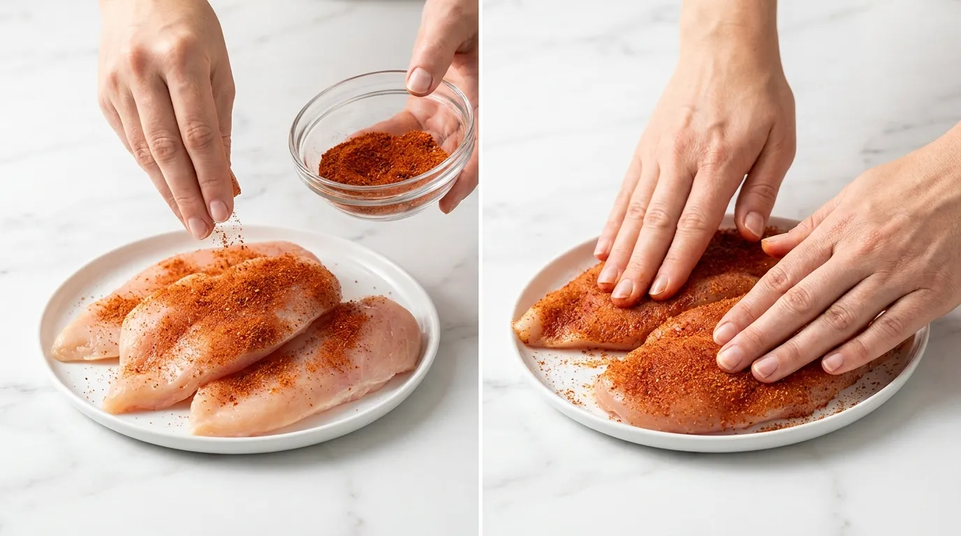 Hands sprinkling and rubbing spices onto raw chicken breasts for a Cajun Chicken Fettuccine Alfredo Recipe.