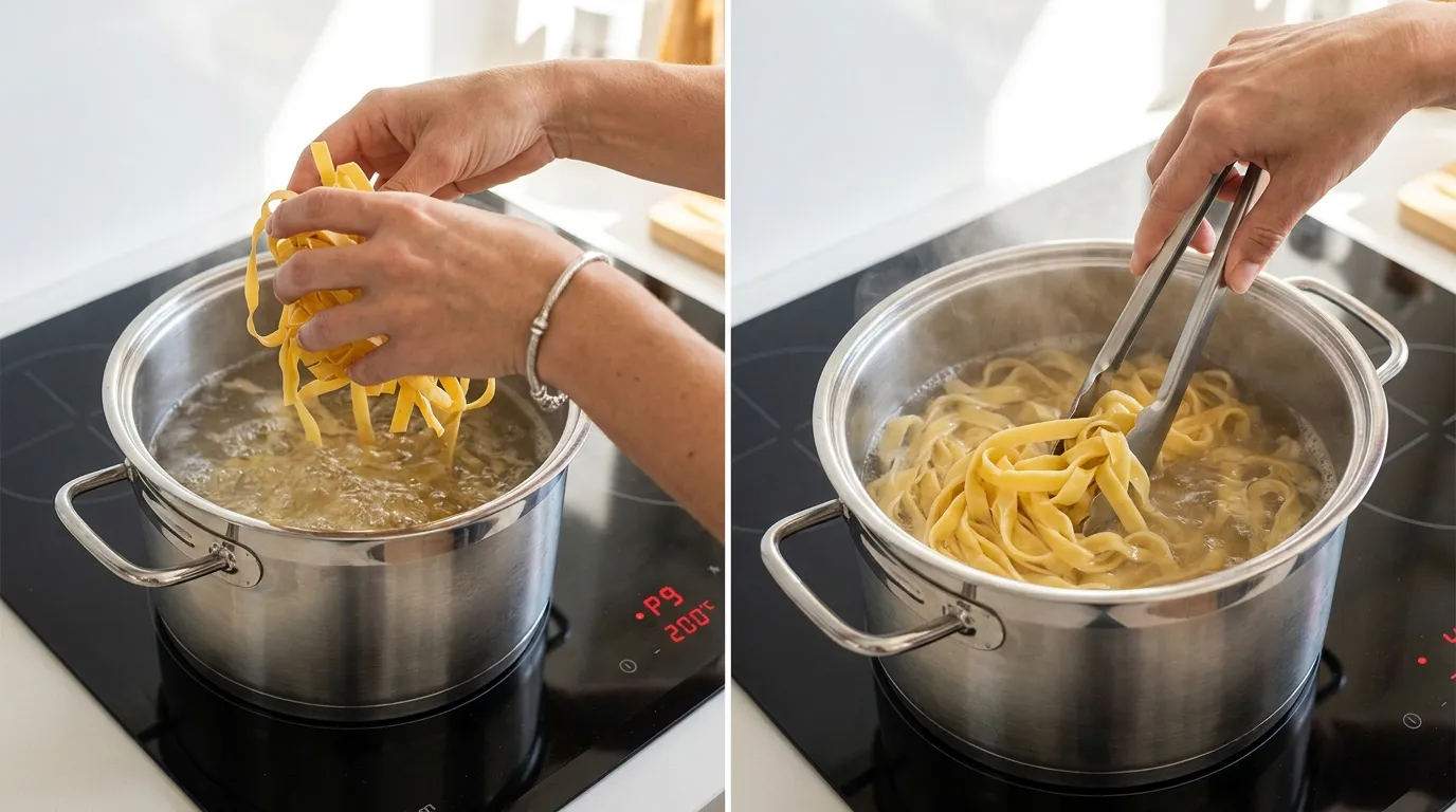 Hands dropping and stirring boiling pasta for a Cajun Chicken Fettuccine Alfredo Recipe on an induction stove.