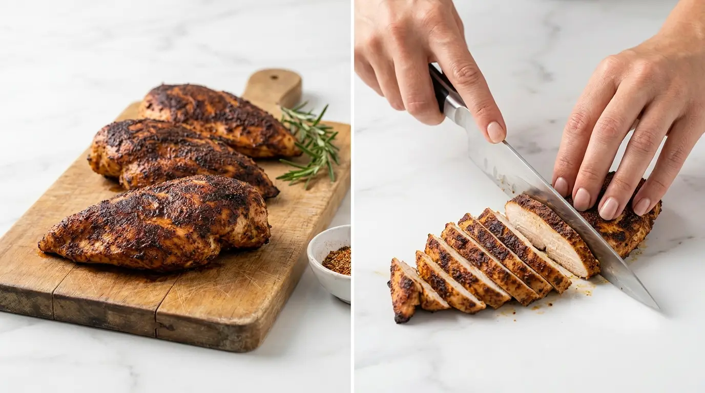 Slicing cooked cajun chicken breasts on a cutting board for a Cajun Chicken Fettuccine Alfredo Recipe.