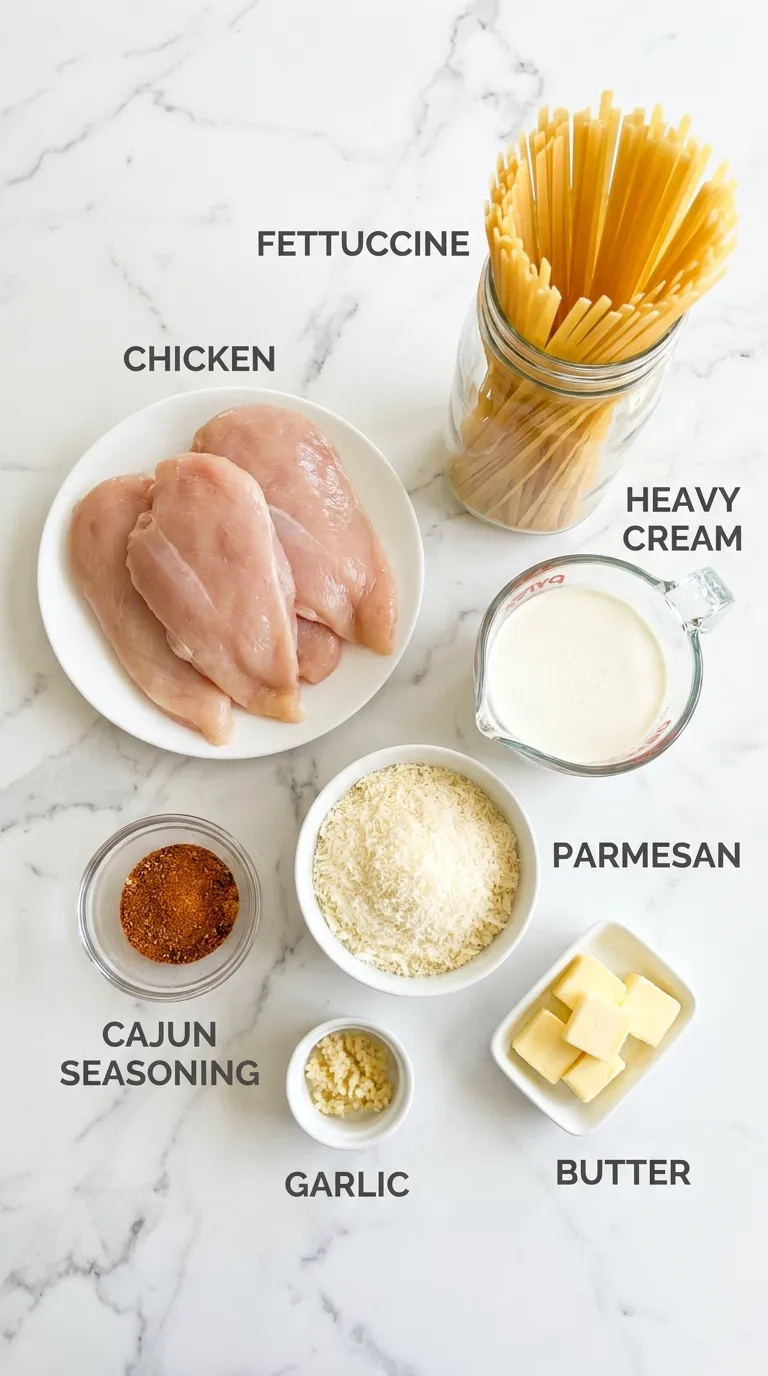Neatly organized ingredients for a Cajun Chicken Fettuccine Alfredo Recipe on a white marble countertop.
