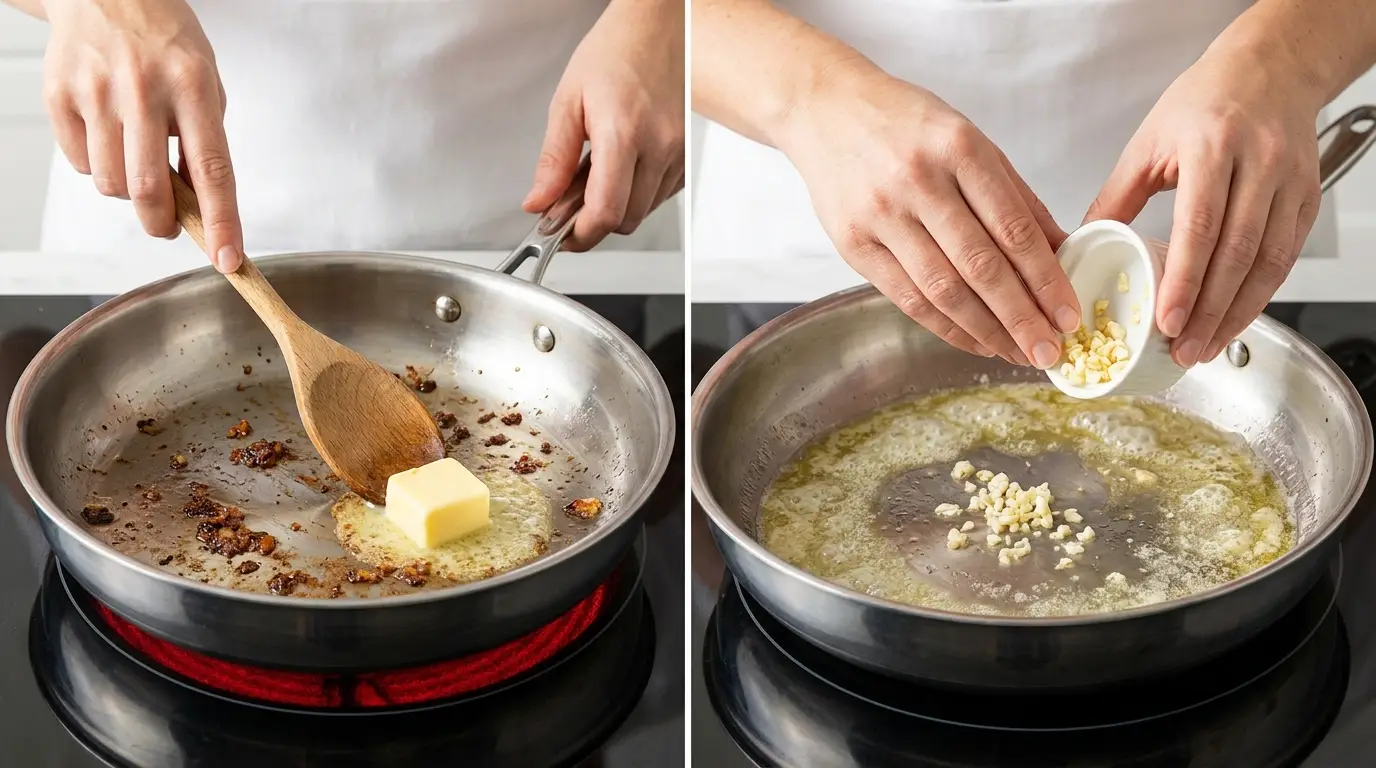 Hands melting butter and sauteing minced garlic in a skillet for a Cajun Chicken Fettuccine Alfredo Recipe.