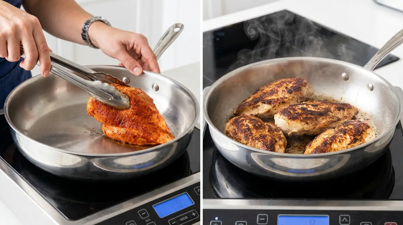 Hands using tongs to sear cajun-seasoned chicken in a skillet for a Cajun Chicken Fettuccine Alfredo Recipe.