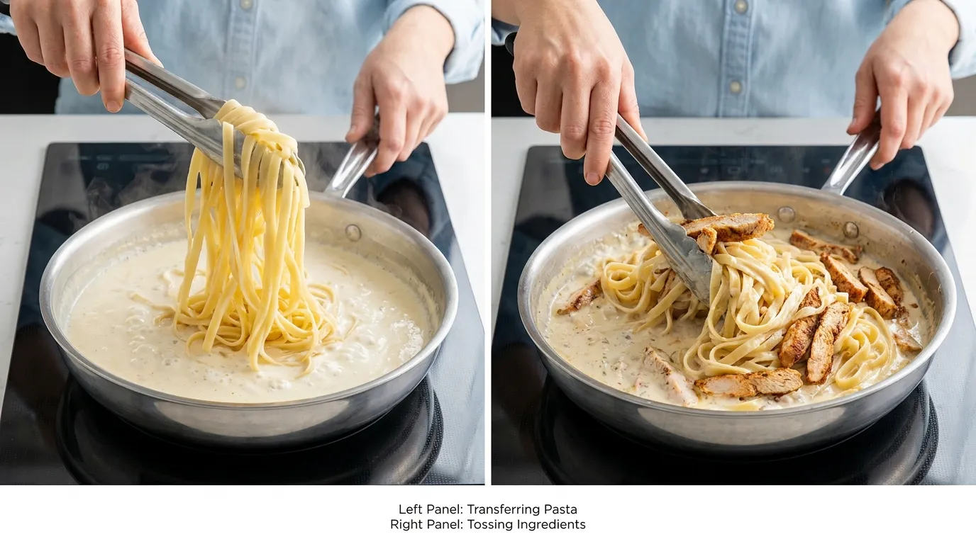 Making a Cajun Chicken Fettuccine Alfredo Recipe: mixing hot pasta and seasoned chicken in creamy sauce in a skillet.