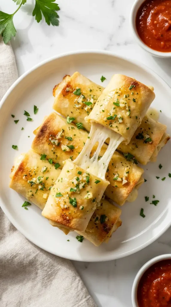 Delicious Cheesy Garlic Butter Rollups Recipe with a gooey mozzarella cheese pull on a white plate with fresh parsley.