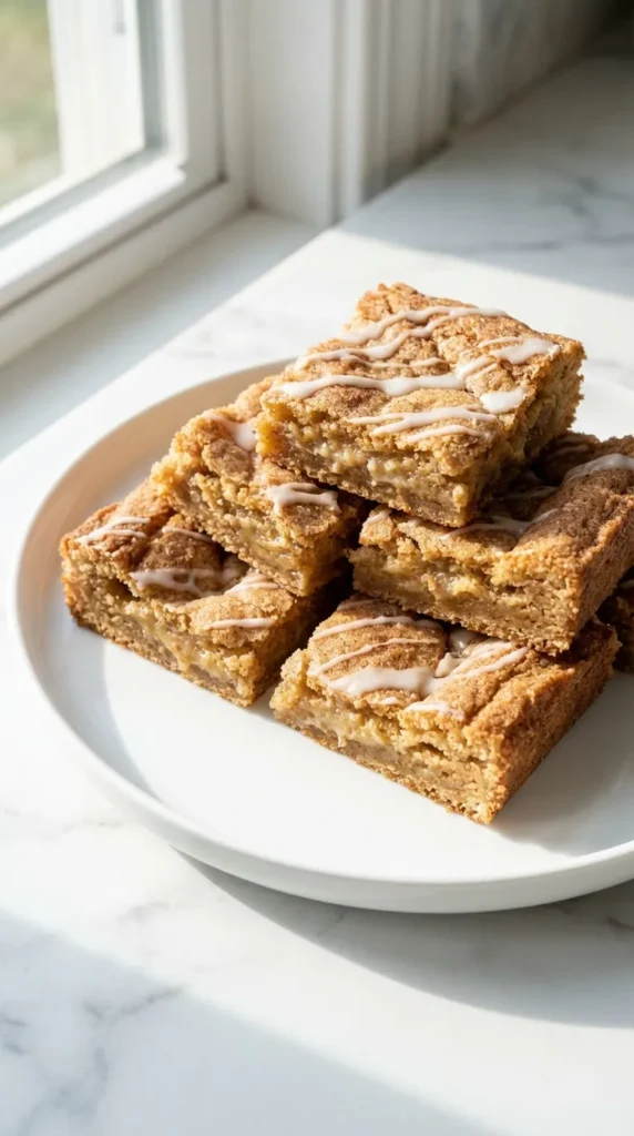 Chewy Snickerdoodle Cookie Bars Recipe sliced and stacked on a white plate, featuring a cinnamon crust and vanilla glaze.