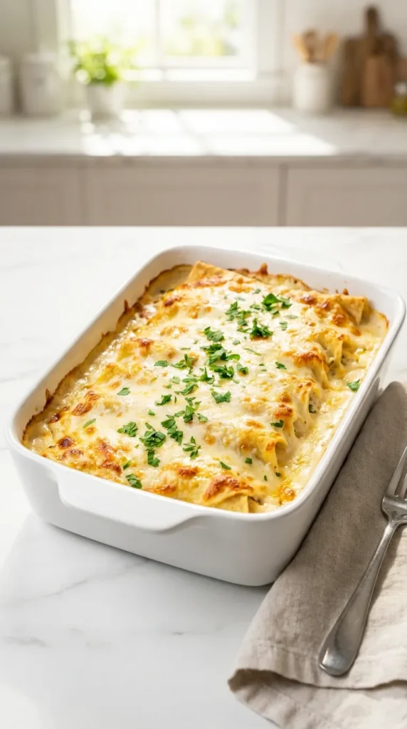 Delicious Chicken Manicotti Alfredo Paste Recipe bubbling in a white baking dish with melted cheese and fresh parsley.
