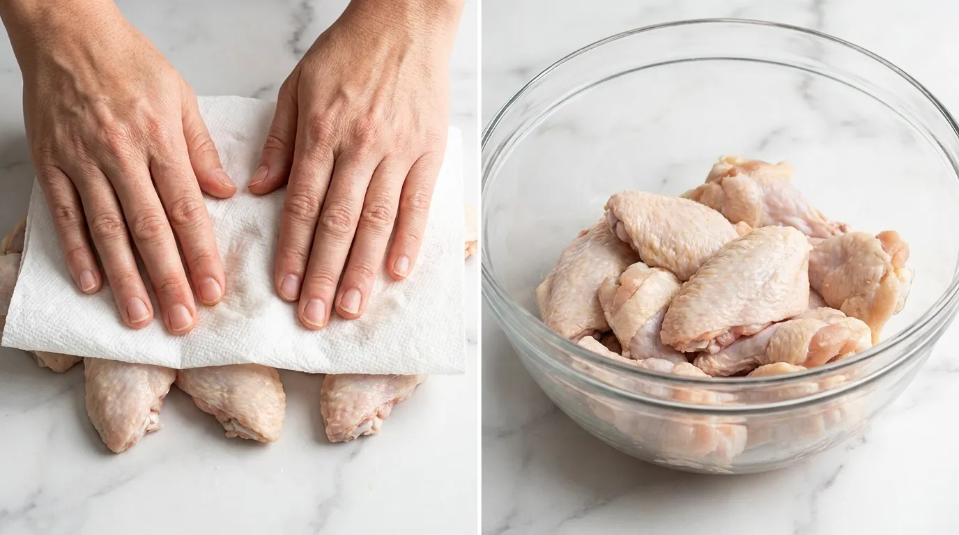 Drying raw chicken wings with paper towels for a Cowboy Butter Chicken Wings Recipe on a marble counter.