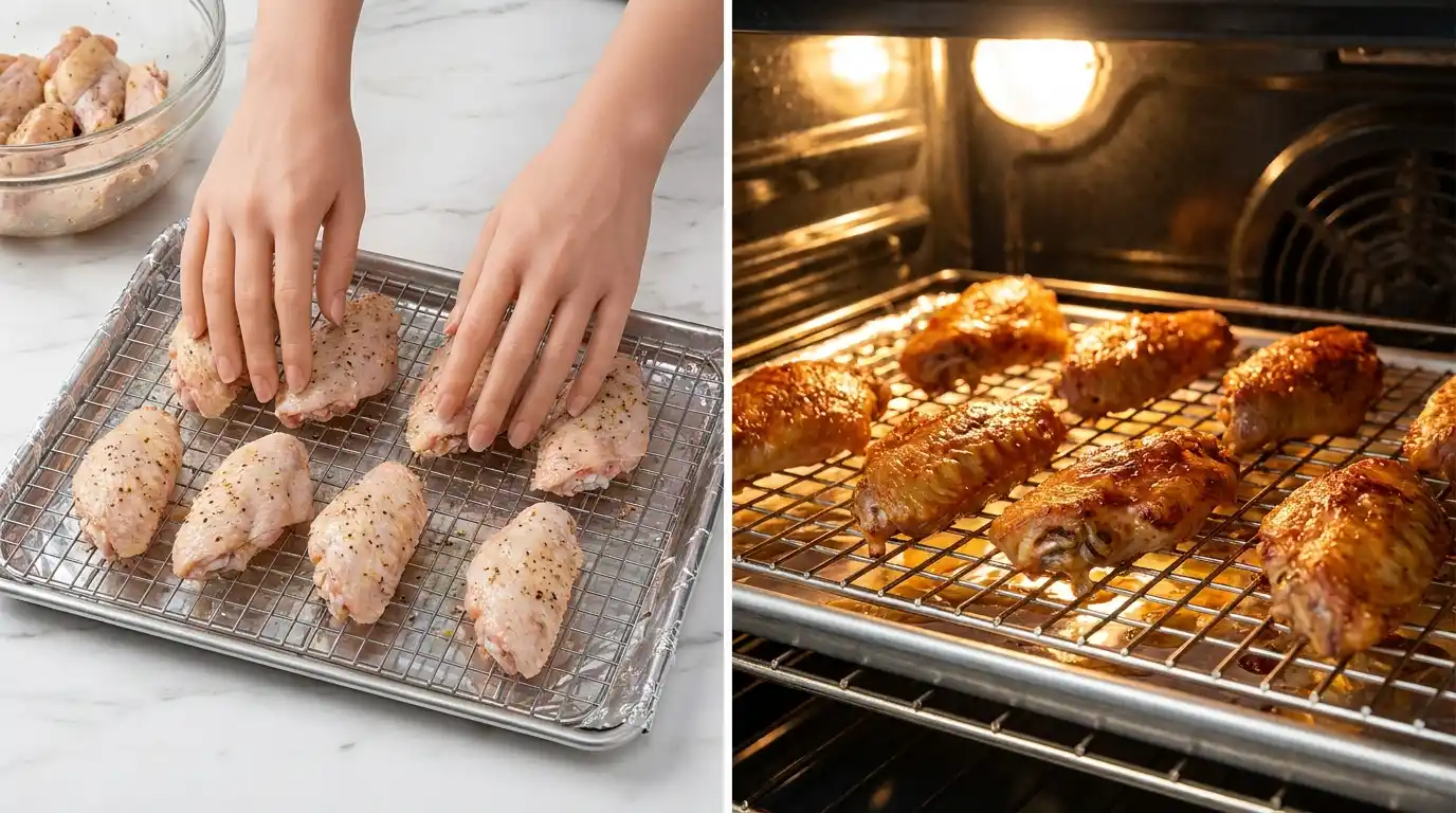 Cowboy Butter Chicken Wings Recipe: hands arranging raw wings on a wire rack, next to wings baking golden brown in an oven.