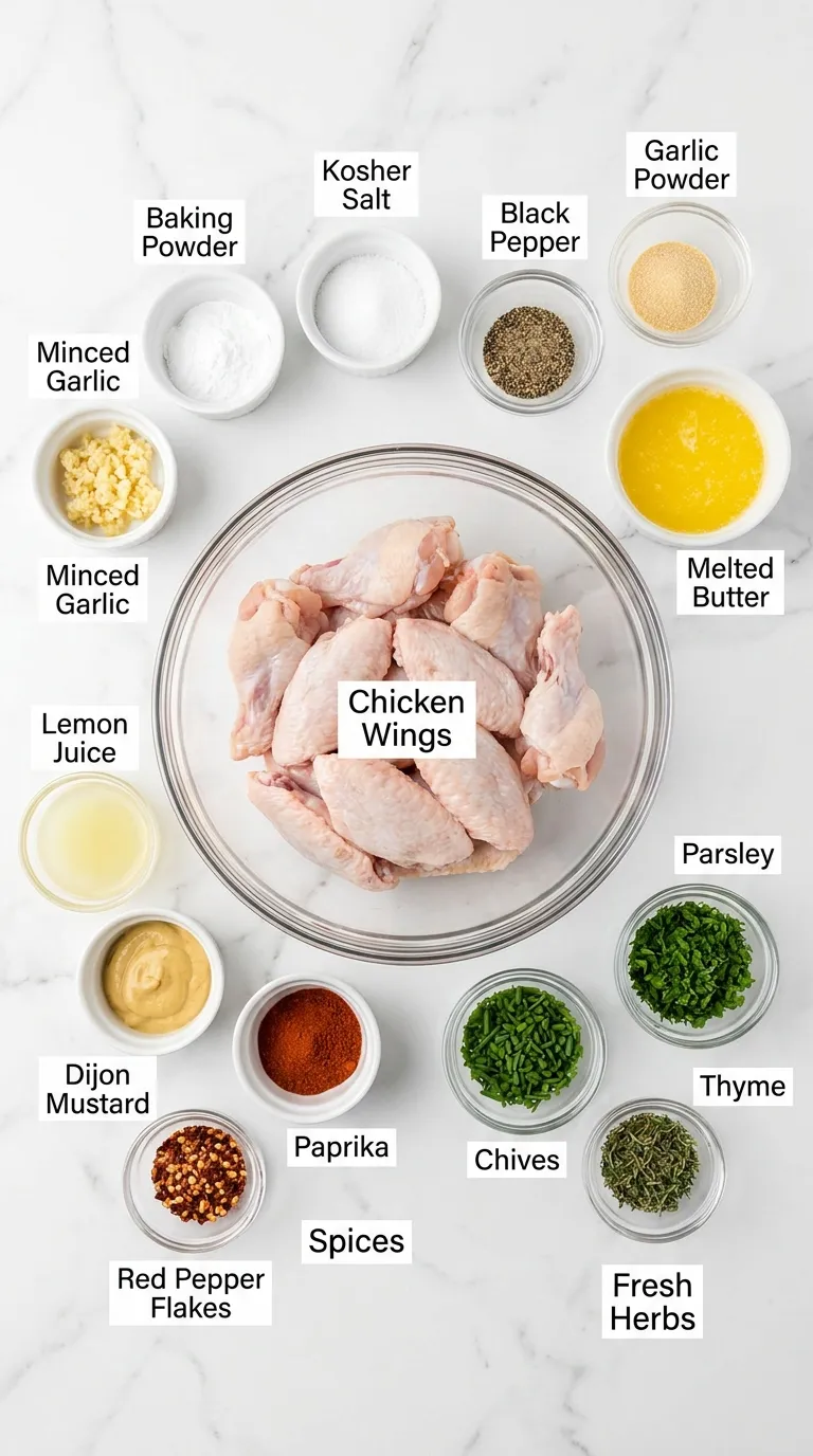 Labeled ingredients for Cowboy Butter Chicken Wings Recipe arranged neatly in bowls on a white marble countertop.