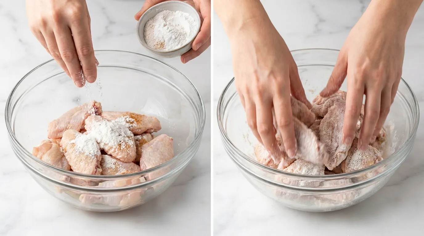 Preparing Cowboy Butter Chicken Wings Recipe: hands sprinkling spices and tossing raw wings in a glass mixing bowl.