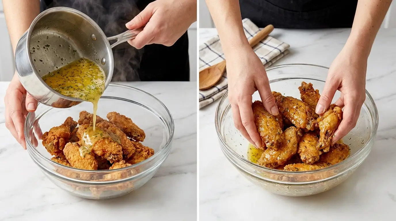 Cowboy Butter Chicken Wings Recipe: hands pouring herb butter sauce and tossing crispy wings in a bowl.