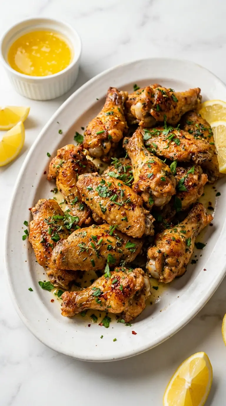 Crispy Cowboy Butter Chicken Wings Recipe coated in herb butter sauce on a white platter with lemon.