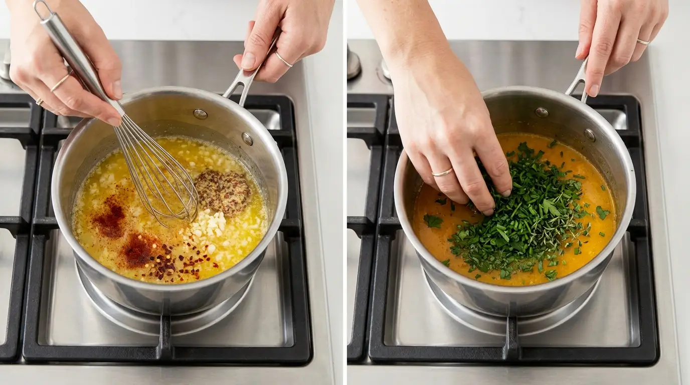 Preparing sauce for a Cowboy Butter Chicken Wings Recipe by whisking butter, garlic, and fresh herbs in a saucepan.