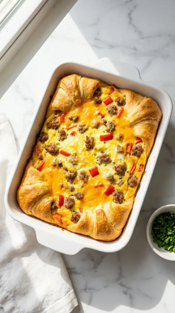 Baked Crescent Roll Breakfast Casserole Recipe with sausage, eggs, and cheese on a marble countertop.