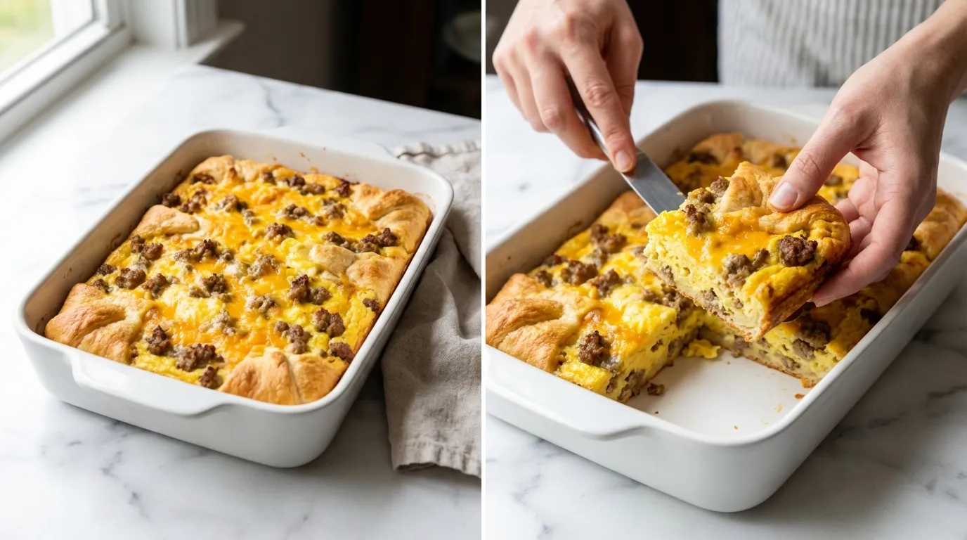 Crescent Roll Breakfast Casserole Recipe: freshly baked in a dish and sliced to show sausage, eggs, and cheese.