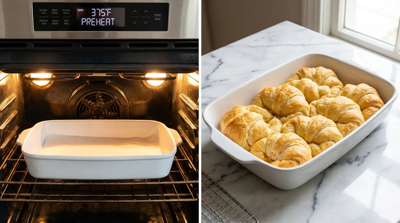 Par-baking dough in an oven and golden crust on a counter for a Crescent Roll Breakfast Casserole Recipe.