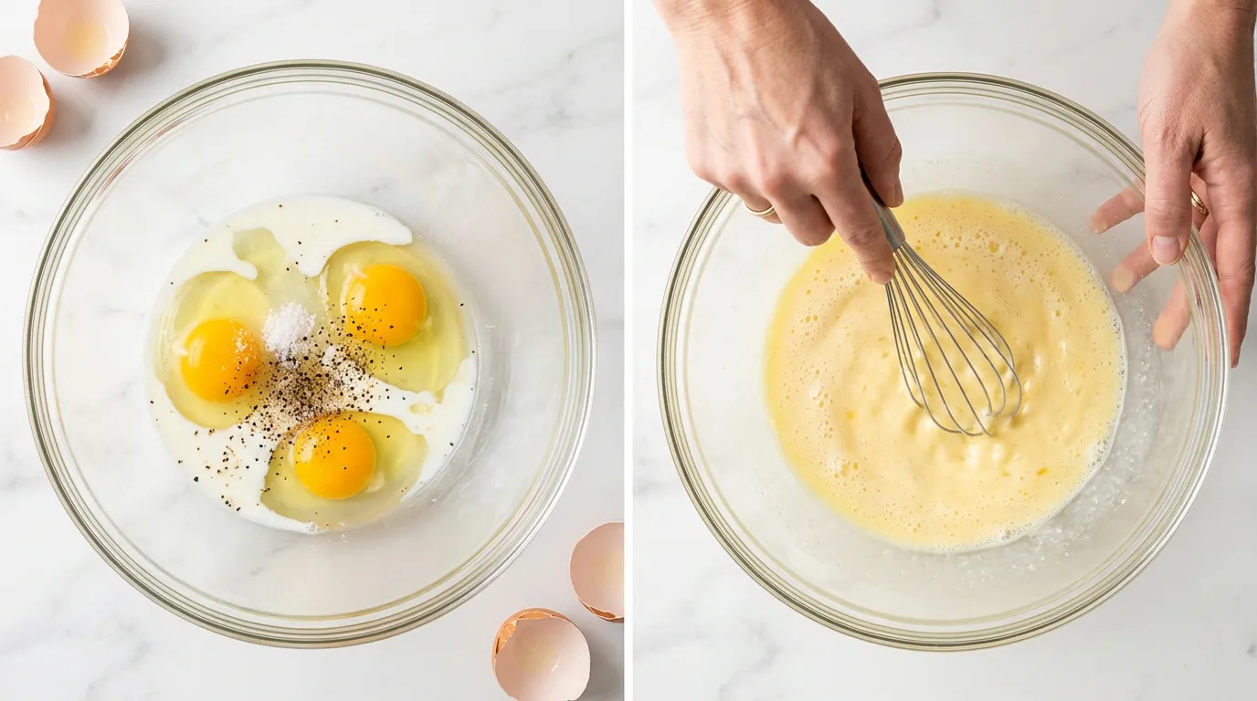 Crescent Roll Breakfast Casserole Recipe: Whisking eggs, milk, and seasonings in a glass bowl on a white countertop.