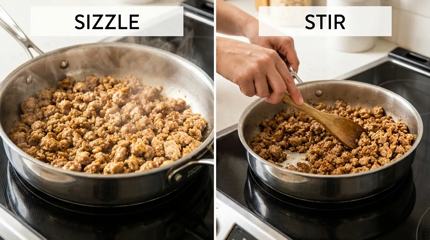 Browning ground pork sausage in a skillet to prepare a savory Crescent Roll Breakfast Casserole Recipe.