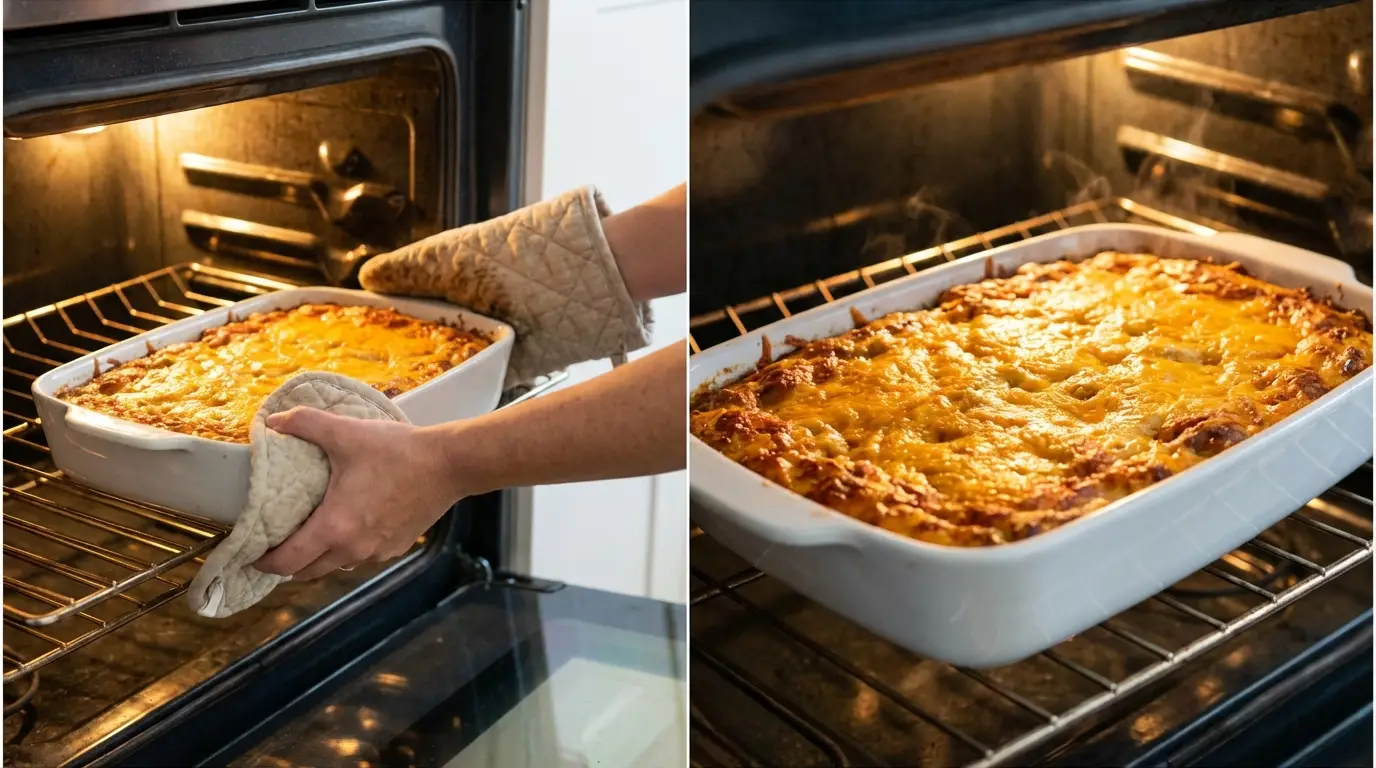 Baking a Crescent Roll Breakfast Casserole Recipe: placing the dish in the oven and the final golden bubbling bake.