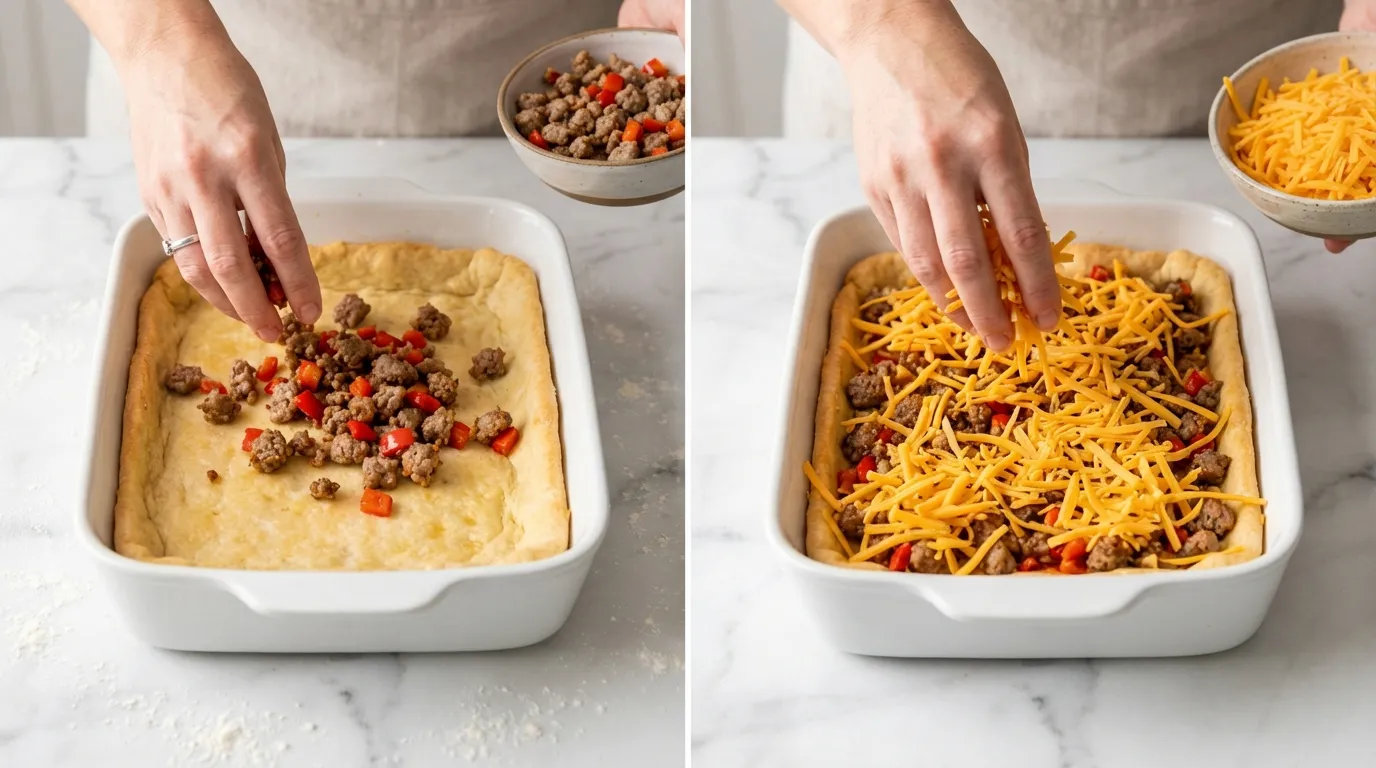 Hands adding sausage, peppers, and cheddar cheese to a dish for a Crescent Roll Breakfast Casserole Recipe.