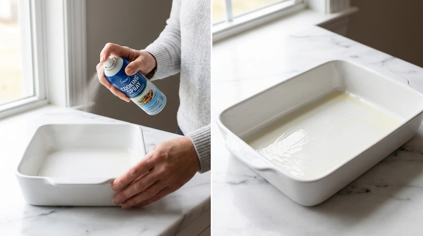 Spraying a 9x13 baking dish with non-stick spray for a Crescent Roll Breakfast Casserole Recipe.