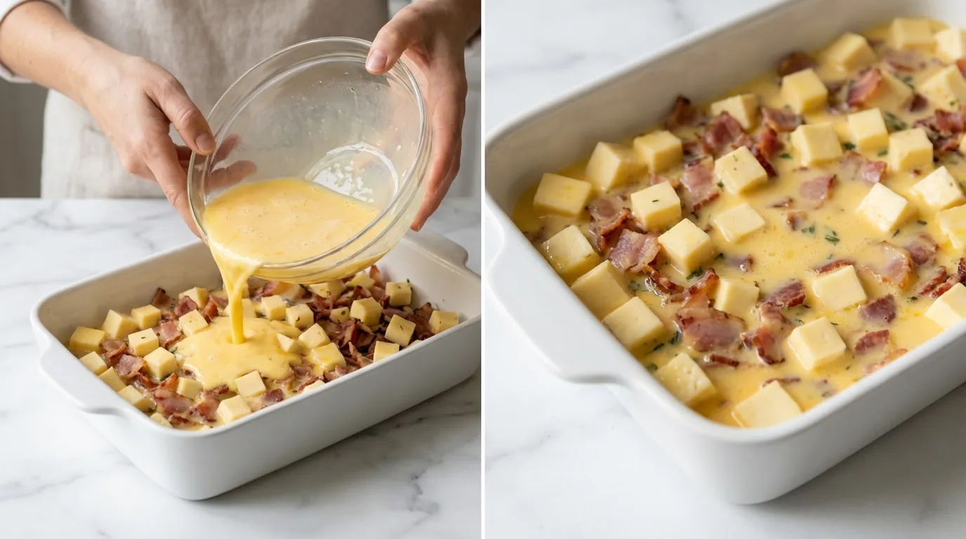 Preparing a Crescent Roll Breakfast Casserole Recipe by pouring an egg mixture over cheese and meat in a baking dish.