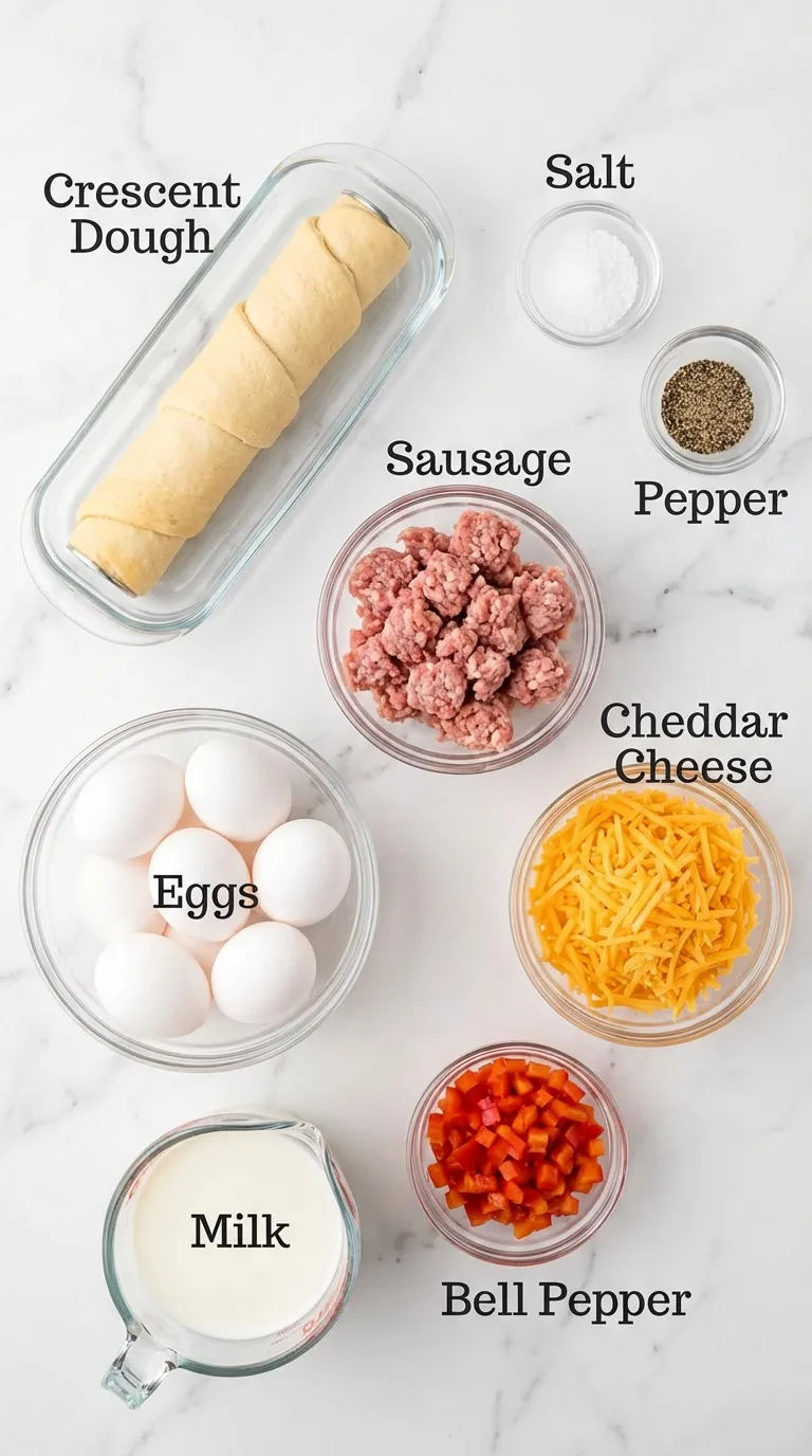 Labeled ingredients for a Crescent Roll Breakfast Casserole Recipe including dough, sausage, eggs, and cheese on marble.