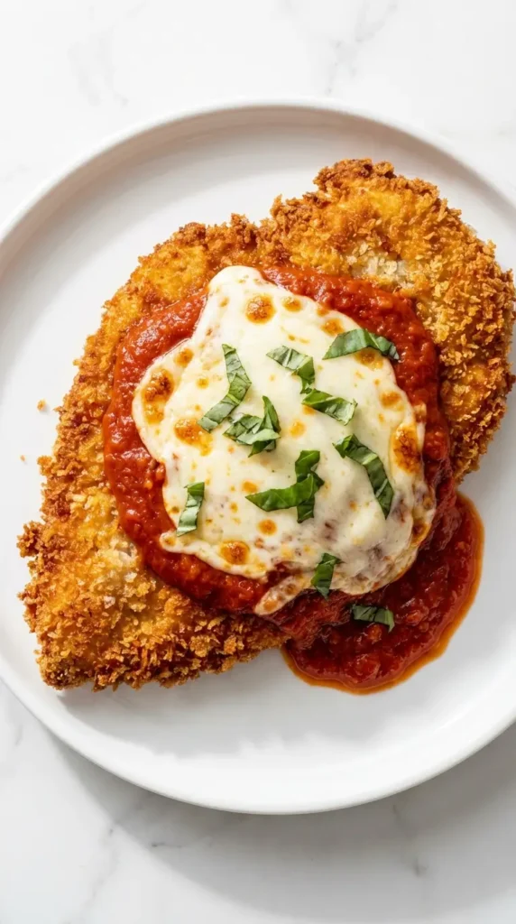 Crispy Chicken Parmesan Recipe with marinara, melted mozzarella, and fresh basil on a white plate.