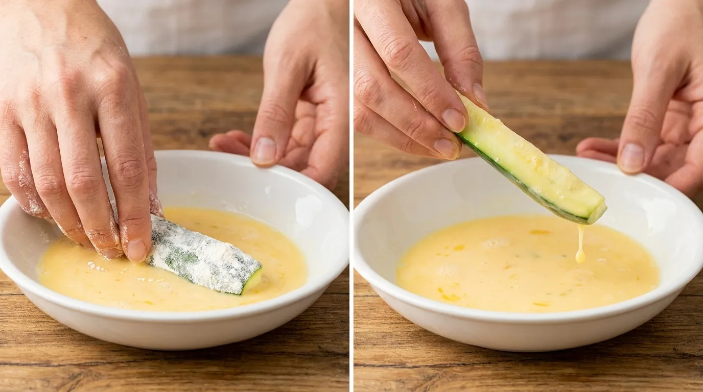 Preparing a Fried Zucchini Recipe: hands dipping a floured zucchini stick into egg wash and letting the excess drip off.